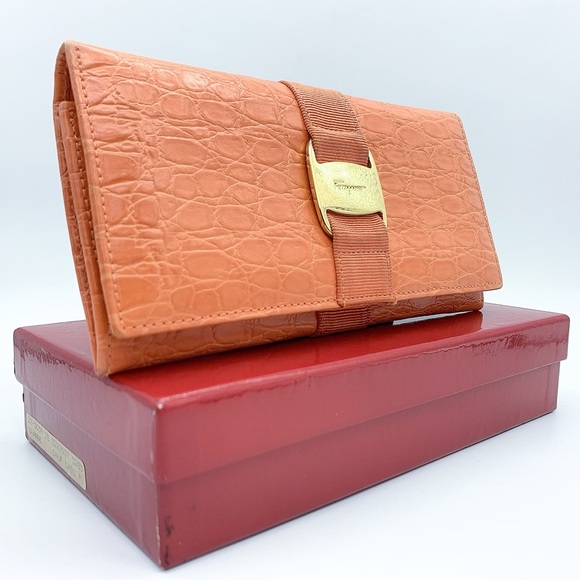 Salvatore Ferragamo Calf Croc Leather Bi-Fold Long Wallet in Orange - Picture 1 of 12